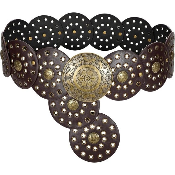 Women Boho Disc Belt Wide Western Leather Belt Vintage Concho Waist Belts Coffee main image 6